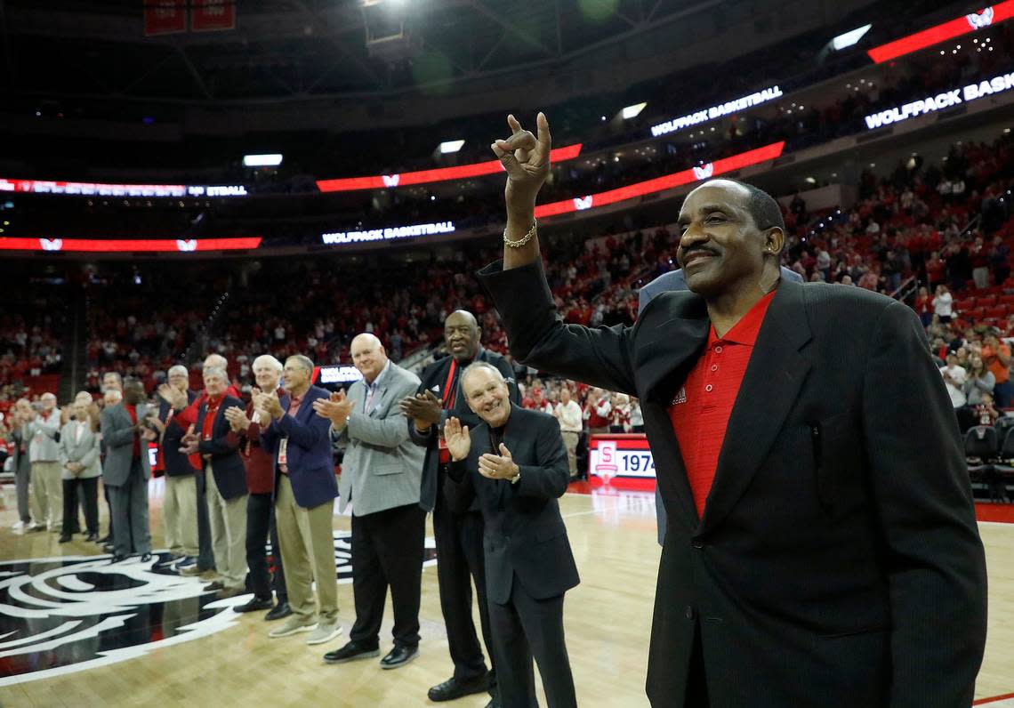 Members of the N.C. State men’s basketball 1974 national championship team, including David Thompson, are honored during a halftime ceremony on Saturday, Feb. 24, 2024, at PNC Arena in Raleigh, N.C.