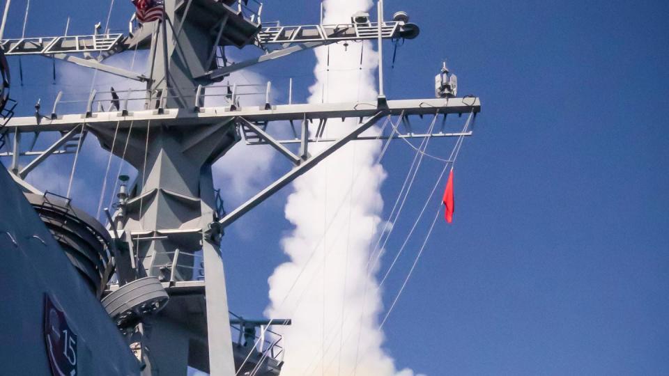 The U.S. Navy destroyer John S. McCain launches a Standard Missile-2 during drills. (MC1 Jeremy Graham/U.S. Navy)