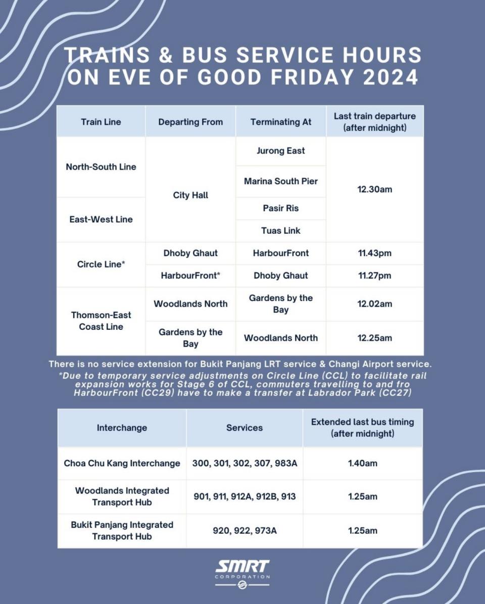 Table of extended SMRT train and bus services on eve of Good Friday 2024