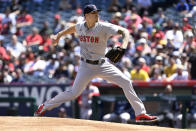 Boston Red Sox pitcher Tanner Houck throws to a Los Angeles Angels batter during the first inning of a baseball game in Anaheim, Calif., Sunday, April 7, 2024. (AP Photo/Alex Gallardo)