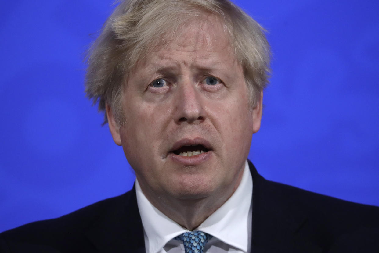 LONDON, ENGLAND - MAY 14: Britain's Prime Minister Boris Johnson speaks at a press conference about the ongoing coronavirus outbreak at Downing Street on May 14, 2021 in London, England. (Photo by Matt Dunham-WPA Pool/Getty Images)