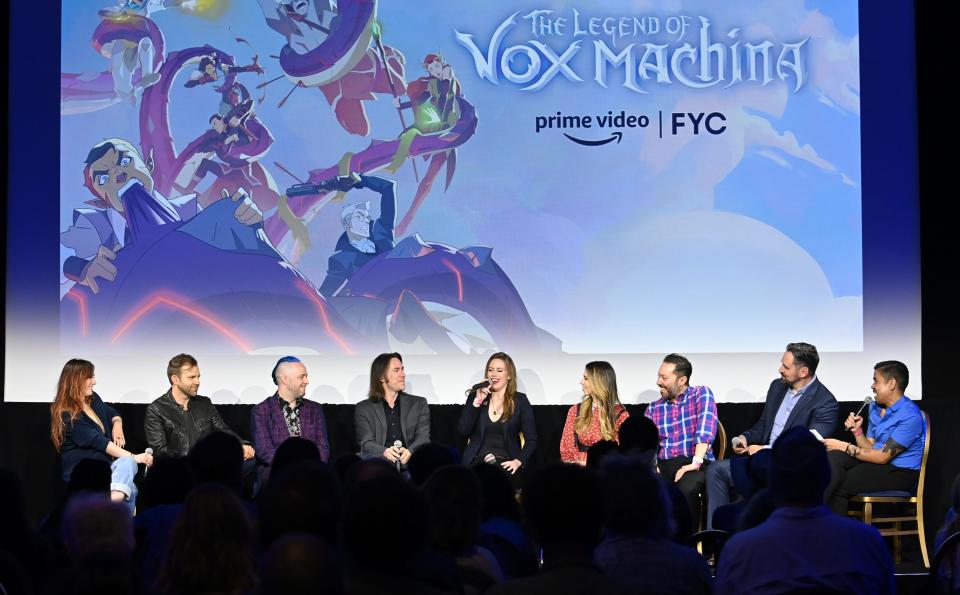 BEVERLY HILLS, CALIFORNIA - MAY 07: (L-R) Ashley Johnson, Liam O'Brien, Taliesin Jaffe, Matthew Mercer, Marisha Ray, Laura Bailey, Sam Riegel, Travis Willingham and Dino-Ray Ramos attend The Prime Experience: Saturday Morning Cartoons Ft. "The Boys Presents: Diabolical", "Fairfax" & "The Legend of Vox Machina" on May 07, 2022 in Beverly Hills, California.