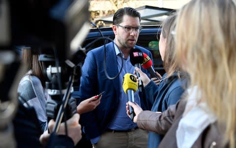 Sweden Democrats party leader Jimmie Akesson arrives at the TV-channel TV4 in Stockholm Monday - Credit:  TT News Agency