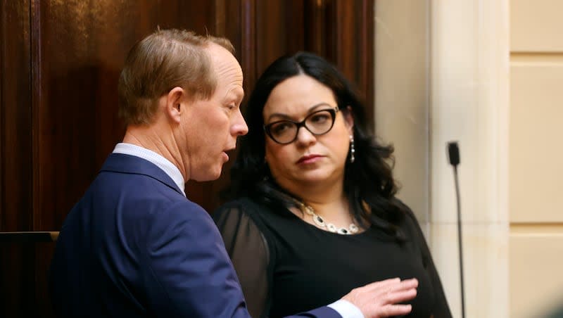 Sen. Keith Grover, R-Provo, talks to Senate Minority Leader Luz Escamilla, D-Salt Lake City, before the Senate voted to pass HB261, Equal Opportunity Initiatives, in the Senate chamber at the Capitol in Salt Lake City on Thursday, Jan. 25, 2024.