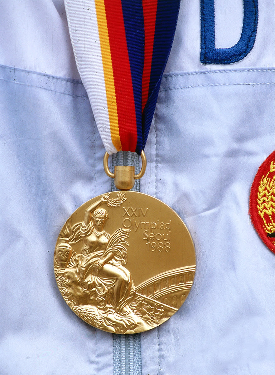 <p>A gold medal from the Seoul 1988 Summer Olympics. (Thonfeld/ullstein bild via Getty Images) </p>