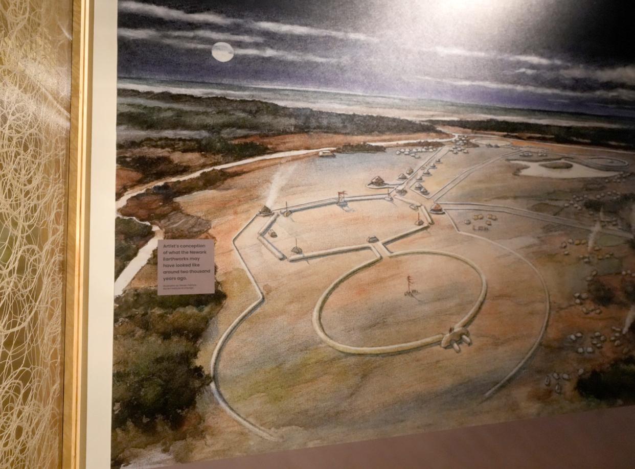 An artist's representation of what the Newark Earthworks may have looked like two thousand years ago, part of the Indigenous Wonder of Our World exhibit at the Ohio History Center in Columbus.