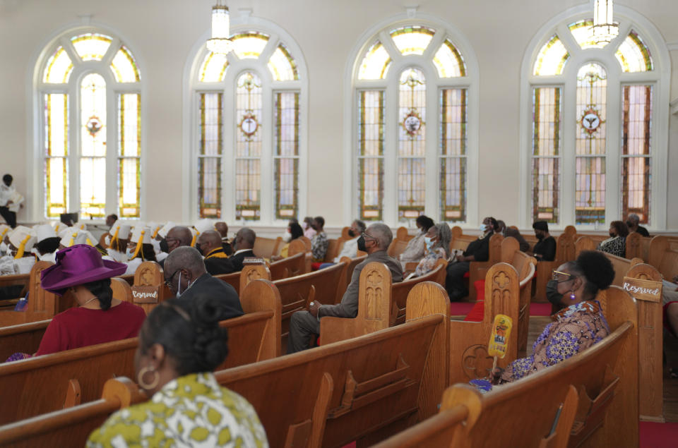 Congregants of Zion Baptist Church attend service in Columbia, S.C., on Sunday, April 16, 2023. Zion's shrinking attendance is in line with a recent Pew Research Center survey, which found that the number of Black Protestants who say they attend services monthly has fallen from 61% in 2019 to 46%. They are also the only group in which more than half attend services virtually. (AP Photo/Jessie Wardarski)