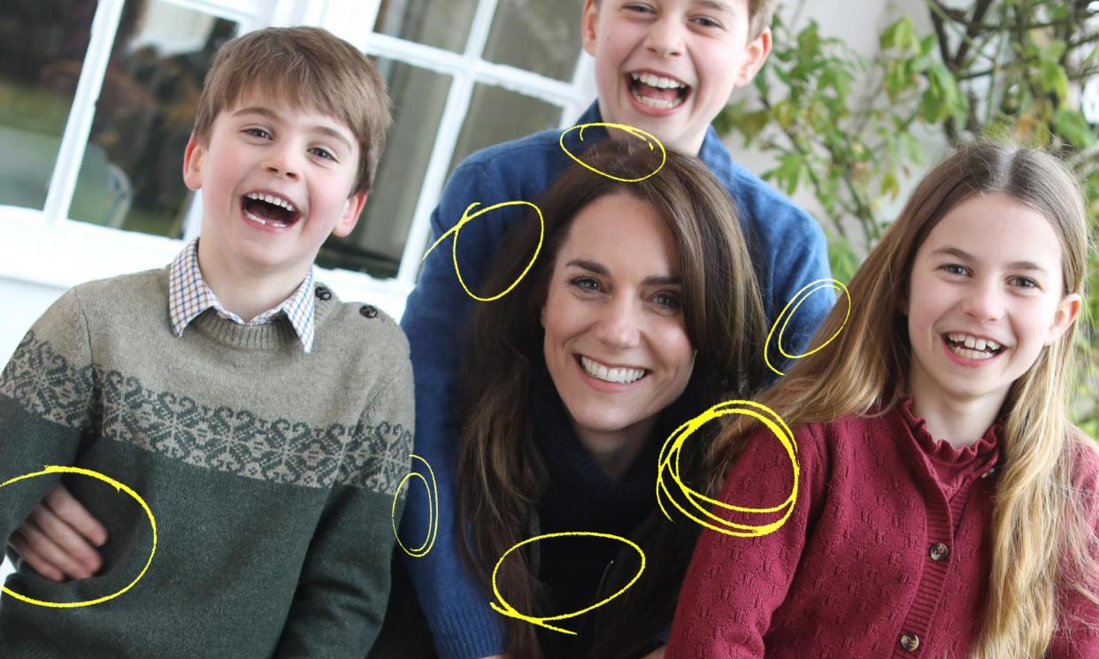 <span>The apparently candid Mothers Day photo released by Kensington Palace contained <a href="https://www.theguardian.com/uk-news/2024/mar/11/the-sleeve-the-hand-the-knee-the-royal-photos-telltale-signs-of-editing" rel="nofollow noopener" target="_blank" data-ylk="slk:telltale signs of editing;elm:context_link;itc:0;sec:content-canvas" class="link rapid-noclick-resp">telltale signs of editing</a>.</span><span>Illustration: Guardian Design/Kensington Palace</span>