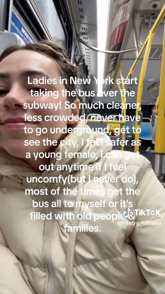 Content creator Tatiana Alvarez said she opts to take the bus over the subway when headed to Midtown or after a night out. TikTok @lifeby_tatiana