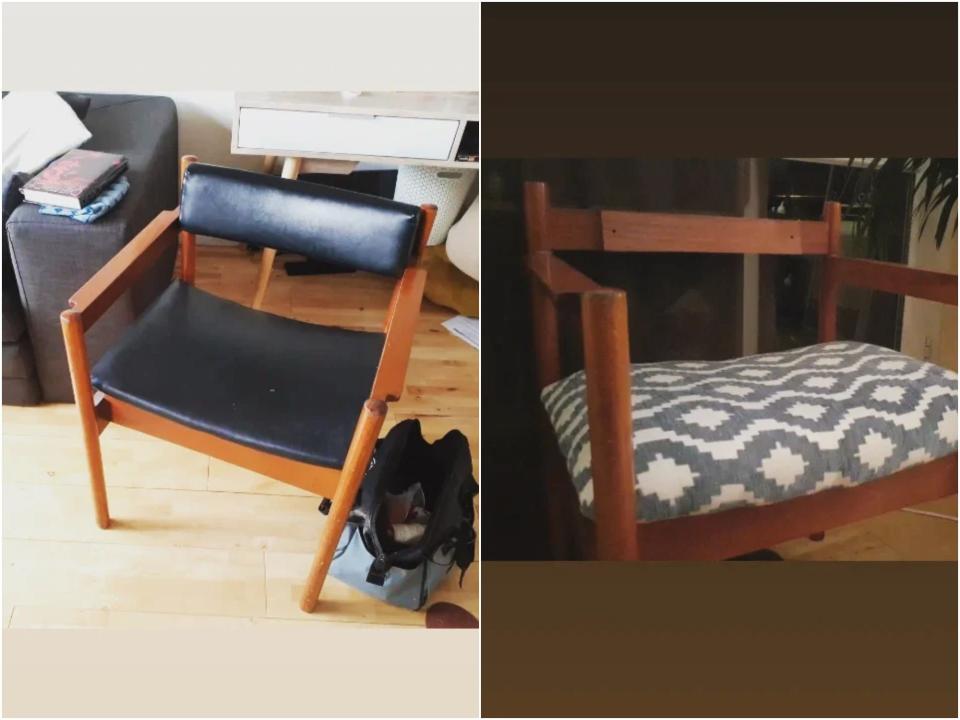 Two pictures side by side show a chair before and after upholstery. The chair has black vynil fabric before, blue and white velvet fabric after.