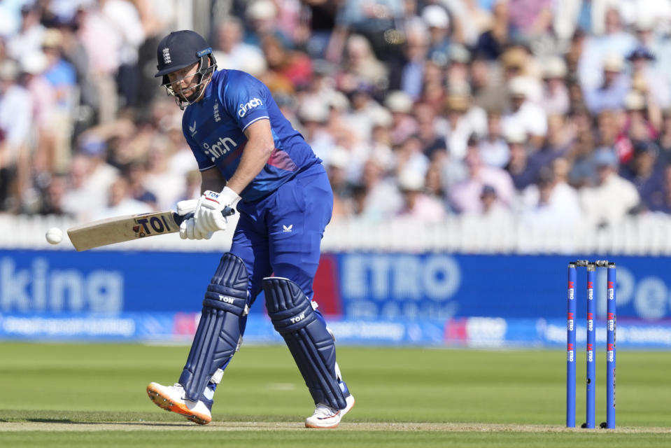 England's Jonny Bairstow plays a shot off the bowling of New Zealand's Matt Henry during the One Day International cricket match between England and New Zealand at Lord's cricket ground in London, Friday, Sept. 15, 2023. (AP Photo/Kirsty Wigglesworth)