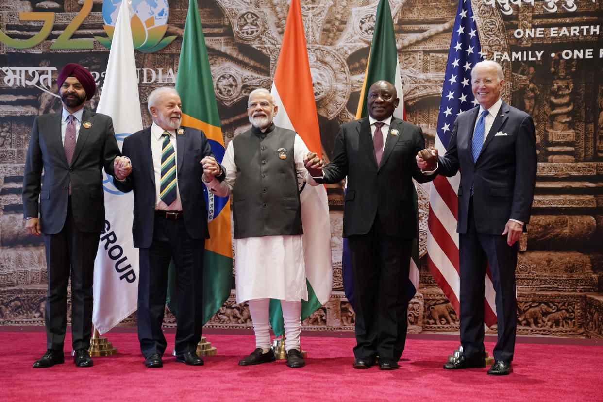 From left, Ajay Banga, Luiz Inacio Lula da Silva, Narendra Modi, Cyril Ramaphosa, Cyril Ramaphosa and Joe Biden during a group photo at the G20 Summit, in New Delhi, India (Evan Vucci / AP Pool )