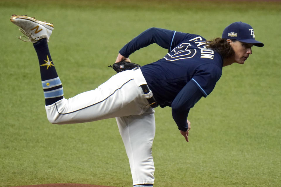 Tampa Bay Rays' Tyler Glasnow follows through on a pitch to the Toronto Blue Jays during the first inning of Game 2 of an American League wild-card baseball series Wednesday, Sept. 30, 2020, in St. Petersburg, Fla. (AP Photo/Chris O'Meara)