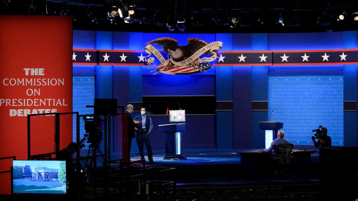 PHOTO: The stage for the final presidential debate of the US 2020 presidential elections is being tested for light and sound at Belmont University in Nashville, Tenn., Oct. 21,2020. (Eric Baradat/AFP via Getty Images)