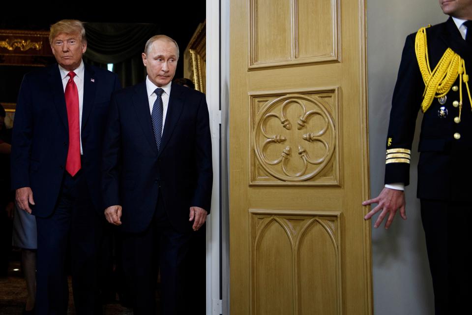 President Trump and Russian President Vladimir Putin arrive for a meeting in Helsinki on July 16, 2018. (Photo: Brendan Smialowski/AFP/Getty Images)