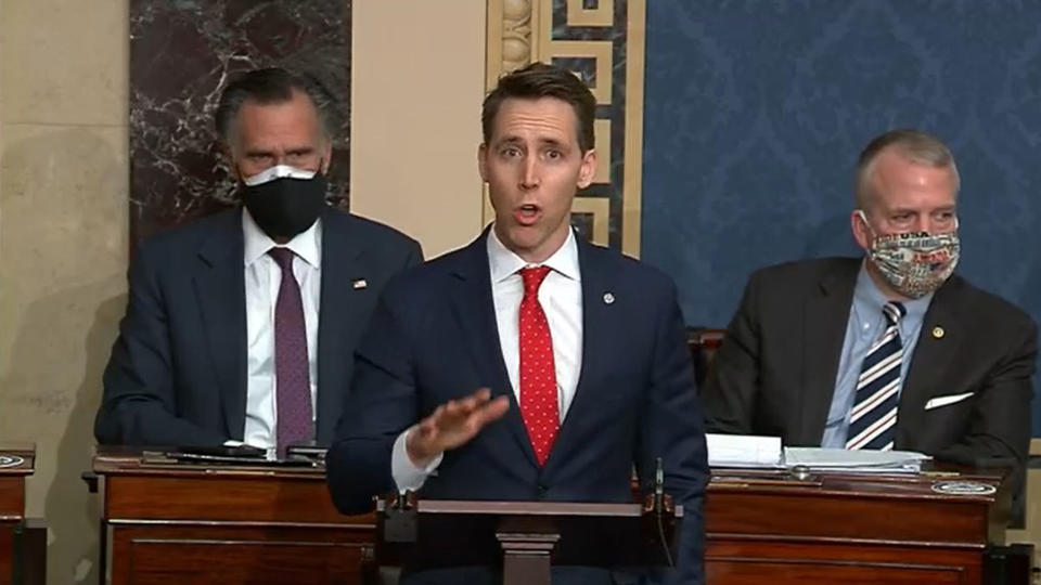 WASHINGTON, DC - JANUARY 6: In this screenshot taken from a congress.gov webcast, Sen. Josh Hawley (R-MO) speaks during a Senate debate session to ratify the 2020 presidential election at the U.S. Capitol on January 6, 2021 in Washington, DC. Congress has reconvened to ratify President-elect Joe Biden's 306-232 Electoral College win over President Donald Trump, hours after a pro-Trump mob broke into the U.S. Capitol and disrupted proceedings.  (Photo by congress.gov via Getty Images)