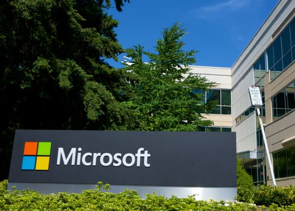 A Microsoft sign is seen on its corporate campus.