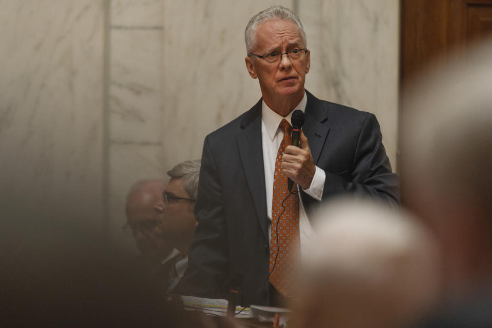 Delegate John Shott, R - Mercer, speaks during a special session of the state House of Delegates in Charleston, W.V., on Monday, Aug. 13, 2018. The delegates are voting on 15 articles of impeachment charges against Supreme Court Chief Justice Margaret Workman and Justices Robin Davis, Allen Loughry and Beth Walker. (Craig Hudson/Charleston Gazette-Mail via AP)