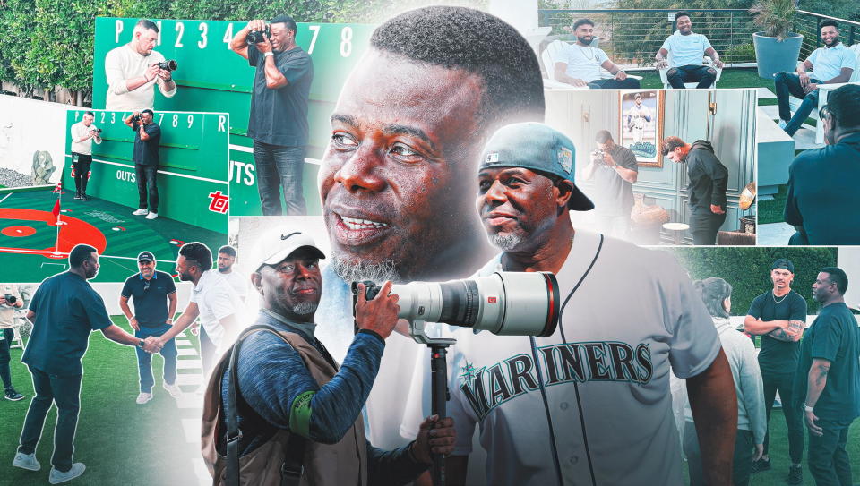 Ken Griffey Jr. surprised the future MLB star with a photo shoot in Arizona.  (Illustration: Stefan Milic/Yahoo Sports, Photo: Jordan Shusterman/Yahoo Sports)