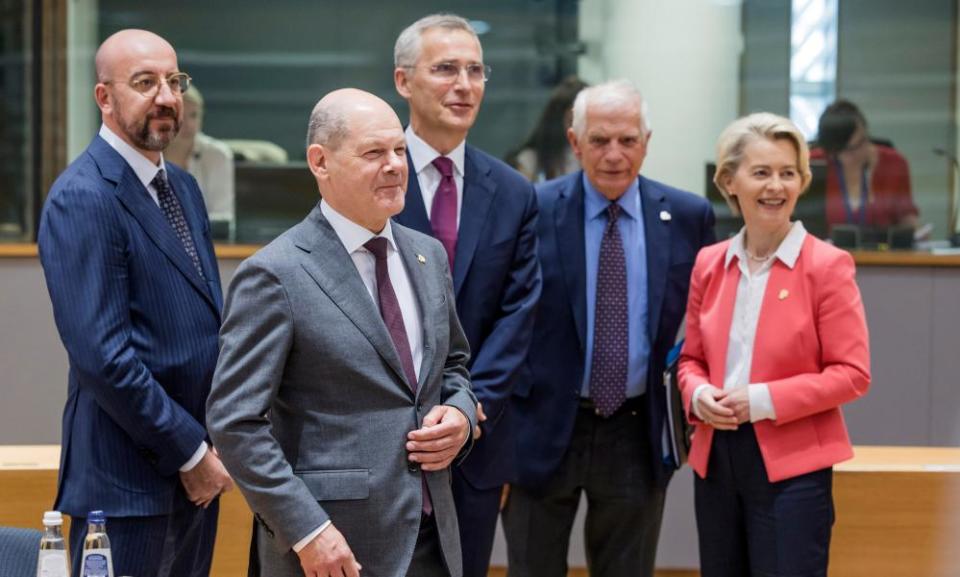 From left: European Council president Charles Michel, Germany’s chancellor Olaf Scholz, Nato secretary-general Jens Stoltenberg, EU foreign policy chief Josep Borrell and European Commission president Ursula von der Leyen at an EU summit in Brussels in June