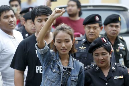 Student activist Chonthicha Jangrew arrives at the Thai military court in after being arrested in Bangkok, Thailand, January 21, 2016. REUTERS/Athit Perawongmetha