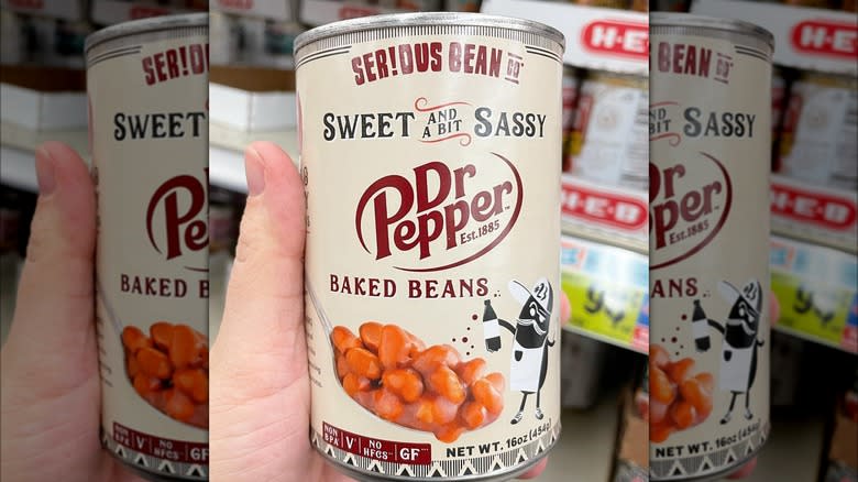 holding up can of dr pepper baked beans