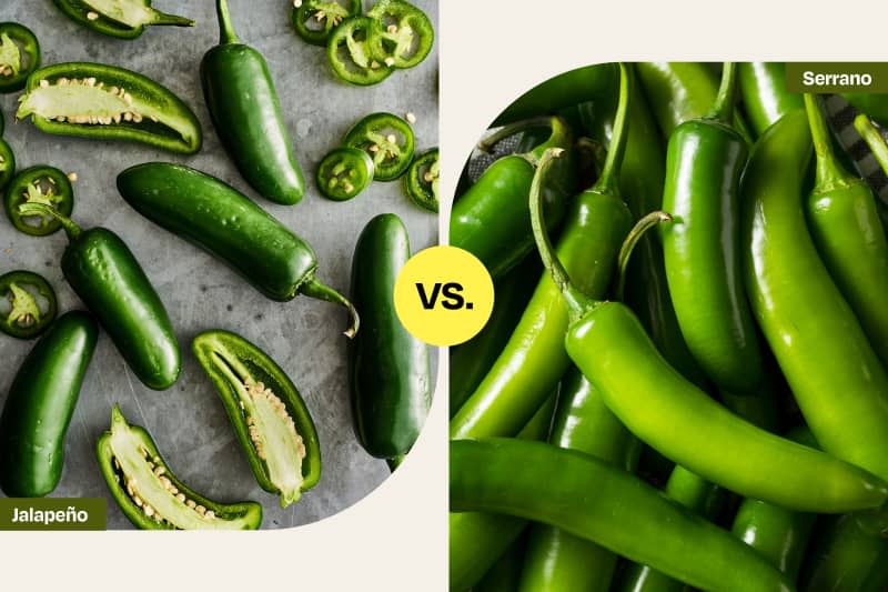 Left: Jalanpeno peppers on a counter, some are sliced crosswise and some are sliced lenghtwise. Right: Raw Green Organic Serrano Peppers