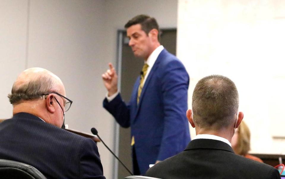 Deputy District Attorney Chris Peurvelle speaks during closing arguments in the Kristin Smart murder trial on Monday, Oct. 3, 2022. Robert Sanger, Paul Flores’ defense attorney, listens as the Flores sits nearby. “He’s (Flores) is guilty as sin!” Peuvrelle said.