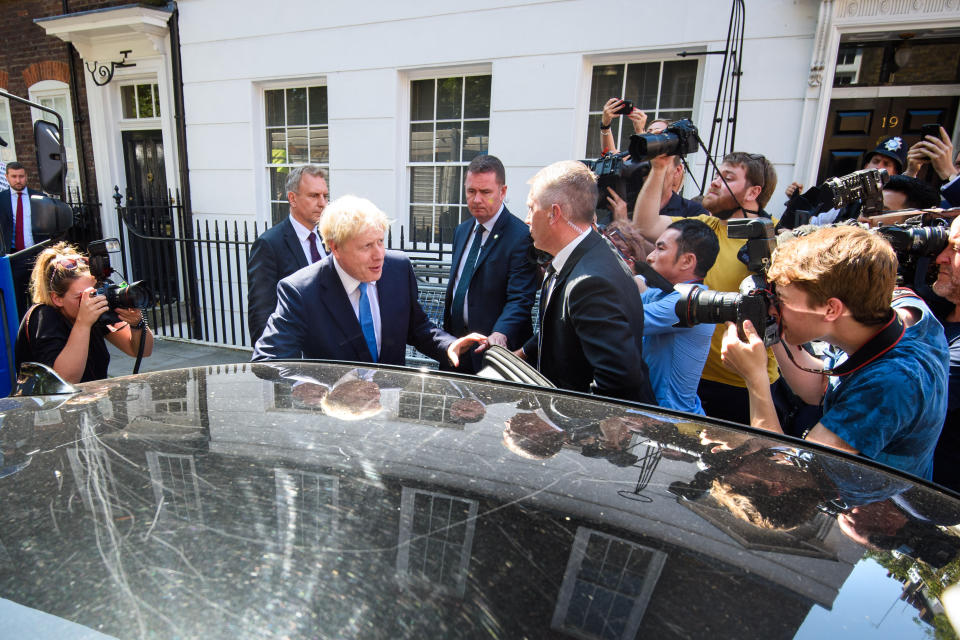 Boris Johnson leaves his campaign office in Great College Street, London, ahead of the announcement of the winner of the Conservative leadership contest.  Picture date: Tuesday July 23, 2019. Photo credit should read: Matt Crossick/Empics