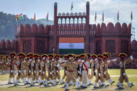 Assam police battalion members march on Independence Day in Gauhati, northeastern Assam state, India, Monday, Aug. 15, 2022. The country is marking the 75th anniversary of its independence from British rule. (AP Photo/Anupam Nath)