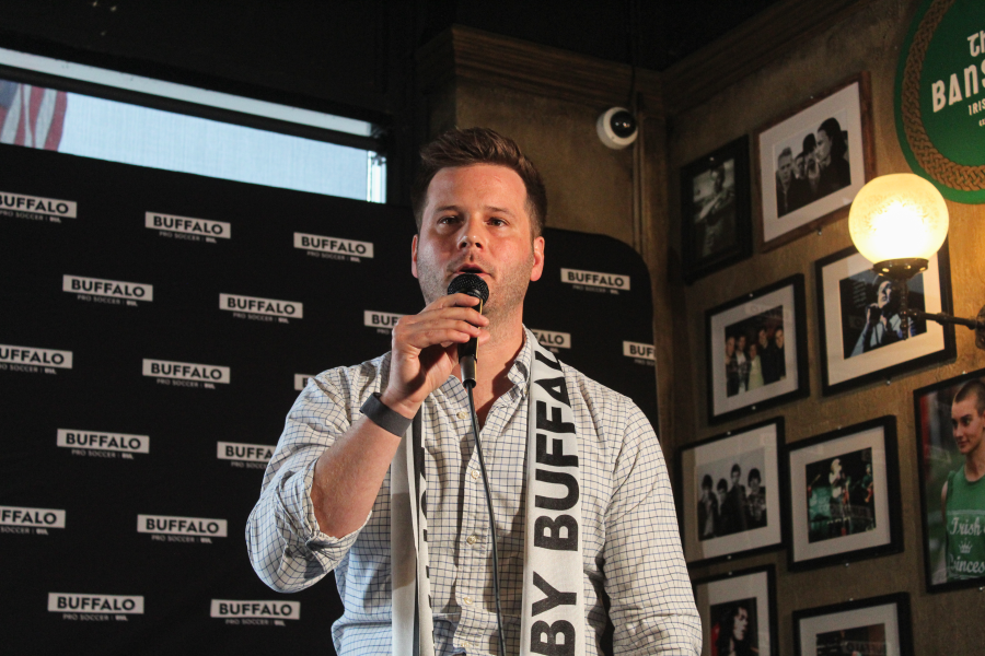 Peter Marlette Jr. speaks to a crowd of over 100 people at the first Buffalo Pro Soccer town hall. Photo: Adam Gorski/WIVB