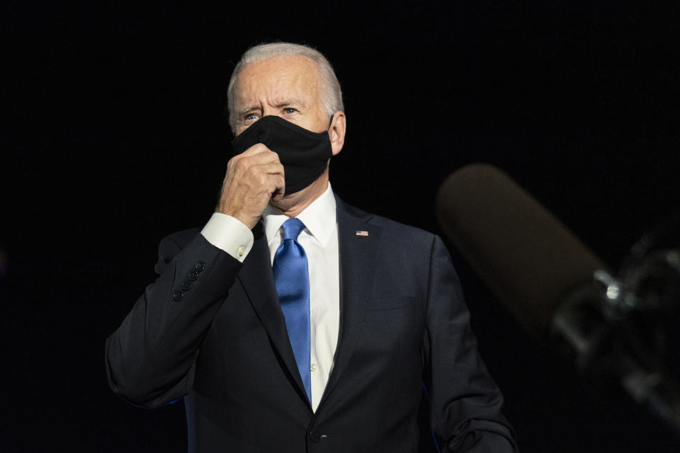 Democratic candidate former Vice President Joe Biden speaks to reporters before boarding his campaign plane at Nashville International Airport Thursday, Oct. 22, 2020, in Nashville, Tenn., en route to Wilmington, Del., after the final presidential debate against Republican candidate President Donald Trump. (AP Photo/Carolyn Kaster)