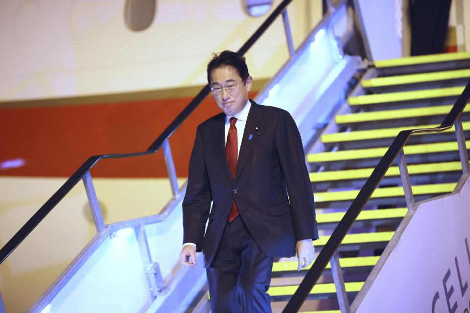 Japan's Prime Minister Fumio Kishida arrives in Perth to begin a 3-day-visit to Australia on Friday, Oct. 21, 2022. (Trevor Collens/Pool via AP)