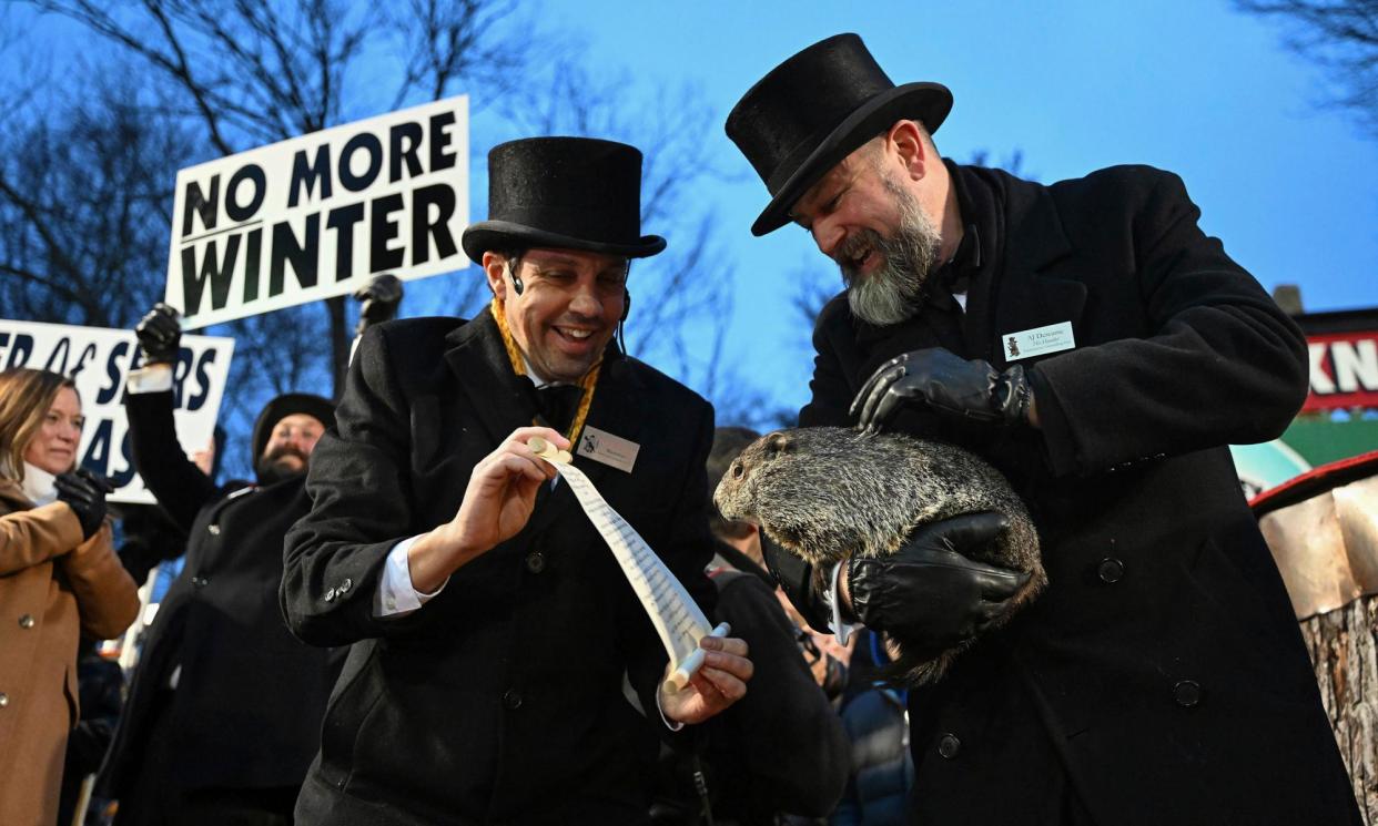 <span>Groundhog Club handler AJ Dereume holds Punxsutawney Phil in Punxsutawney, Pennsylvania on 2 February 2024. </span><span>Photograph: Barry Reeger/AP</span>