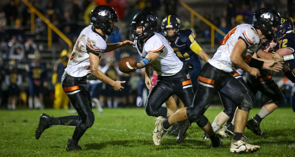 Summerfield quarterback Bryce Kalb hands off to Brandon Thompson during a game against Whiteford last season.