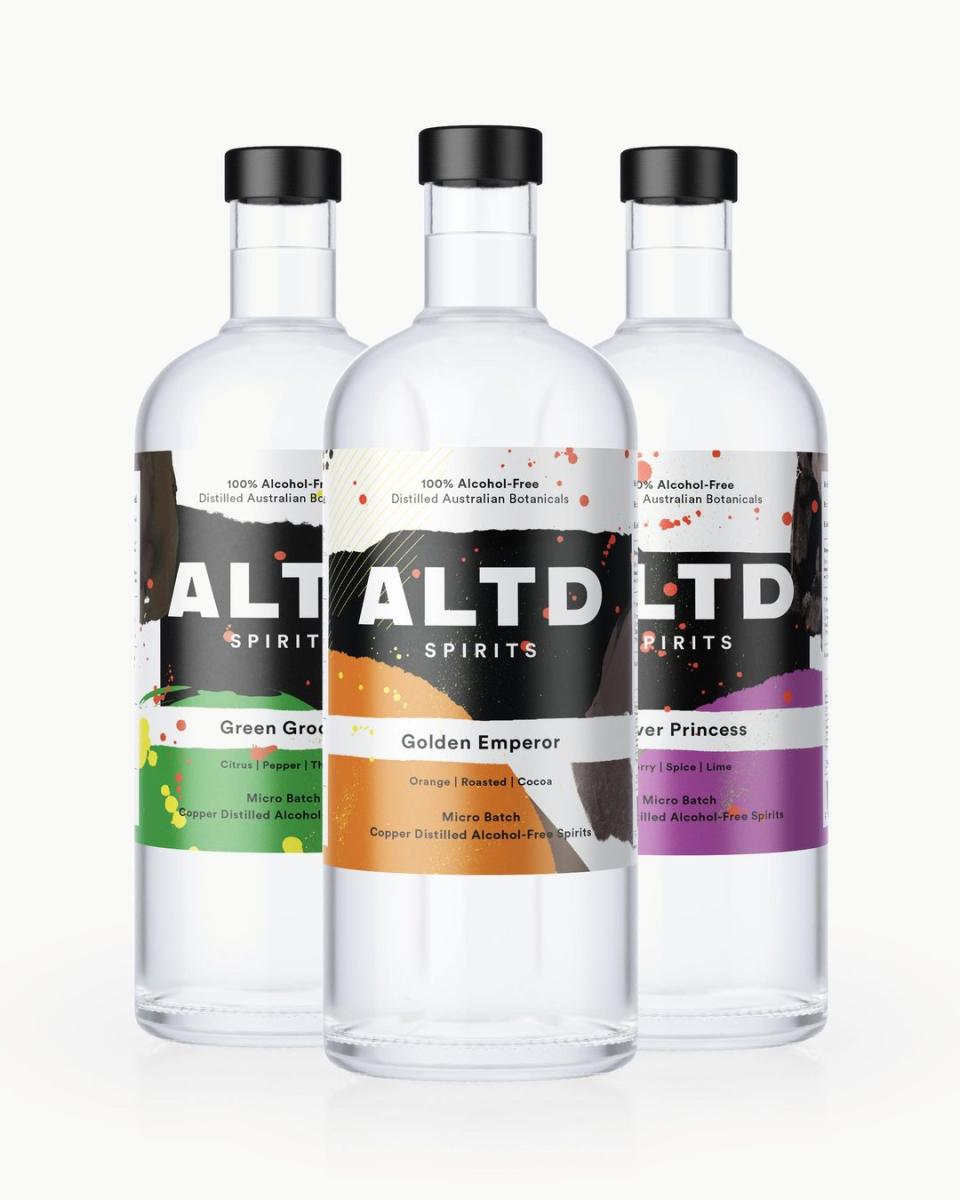 Pictured: Three bottles of alcohol-free spirits from ALTF. Image: supplied