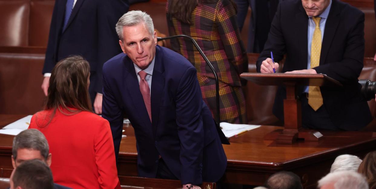 washington, dc january 03 us house minority leader kevin mccarthy r ca c talks to a colleague as rep jim jordan r oh works behind him, as the house of representatives cast their votes for speaker of the house, on the first day of the 118th congress in the house chamber of the us capitol building on january 03, 2023 in washington, dc today members of the 118th congress will be sworn in and the house of representatives will elect a new speaker of the house photo by win mcnameegetty images