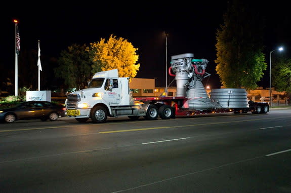 A historic mockup of an Apollo F-1 engine was moved to Aerojet Rocketdyne's Los Angeles headquarters, Oct. 2, 2013.
