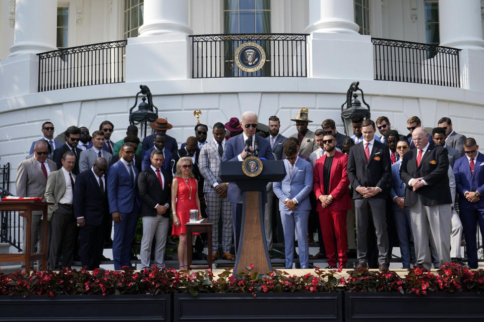 President Joe Biden and the Kansas City Chiefs pause for a moment of silence to honor Norma Hunt, as Biden welcomes the football team to the White House in Washington, Monday, June 5, 2023, to celebrate their championship season and victory in Super Bowl LVII. (AP Photo/Susan Walsh)