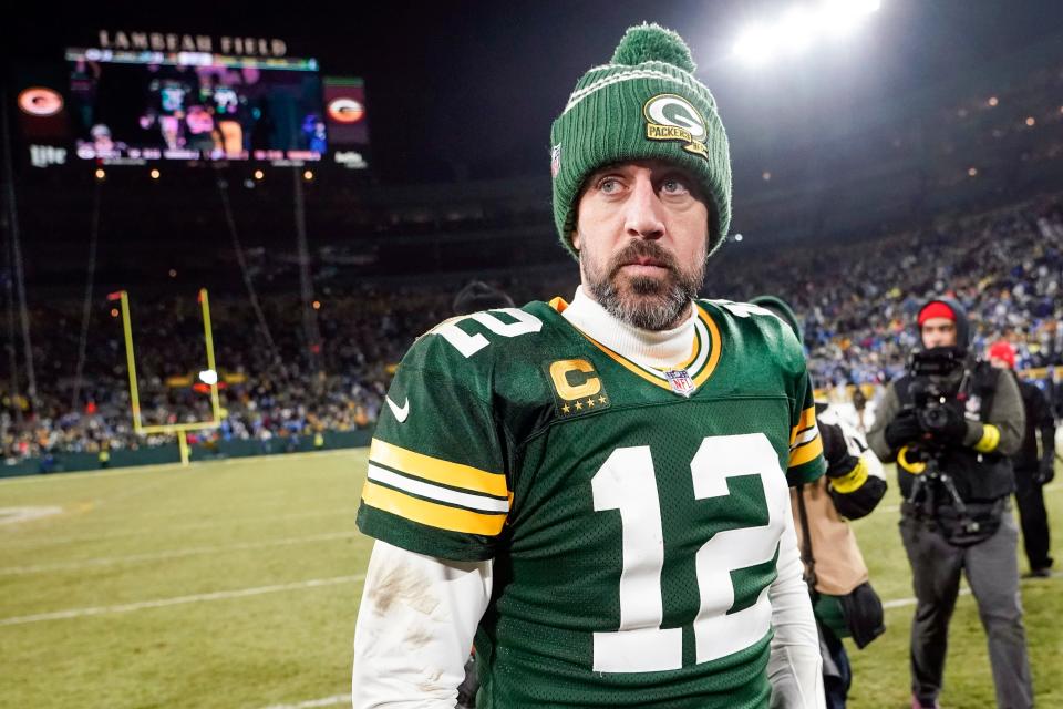 FILE - Green Bay Packers' Aaron Rodgers walks off the field after an NFL football game against the Detroit Lions, Sunday, Jan. 8, 2023, in Green Bay, Wis. Rodgers says he will make a decision on his future “soon enough” as the four-time MVP quarterback ponders whether to play this season and if his future remains with the Packers. (AP Photo/Morry Gash, File)