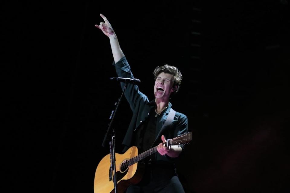 Shawn onstage holding a guitar