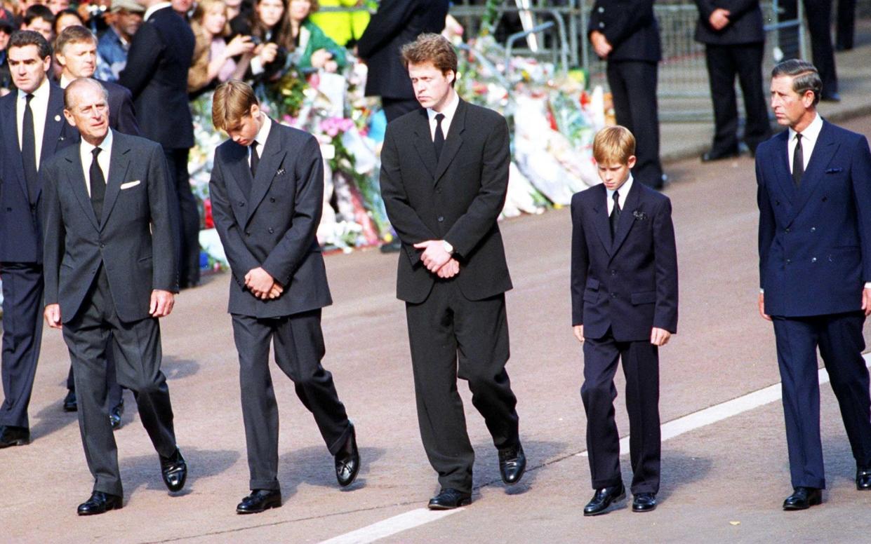 One of the most remembered – and poignant – images of Princess Diana’s funeral was of Prince Philip, Earl Spencer and Prince Charles walking with William and Harry - Mirrorpix/Alamy