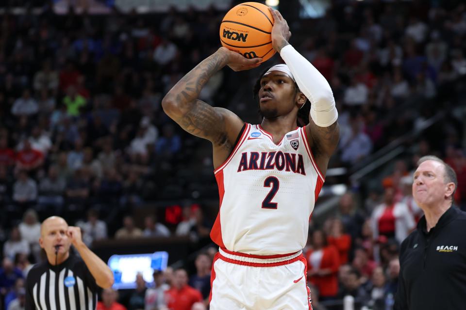 Arizona Wildcats guard Caleb Love (2) shoots the ball during the first half against Arizona Wildcats in the first round of the 2024 NCAA Tournament at Vivint Smart Home Arena-Delta Center.