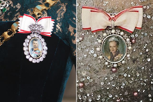 <p>Steen Evald, Kongehuset, Carlos Alvarez/Getty</p> (Left) A close view of Queen Mary's miniature portrait of King Frederik as seen in the images released on April 25, 2024; (Right) A close view of then-Crown Princess Mary's miniature portrait of Queen Margrethe at a gala dinner at Christiansborg Palace on November 6, 2023.