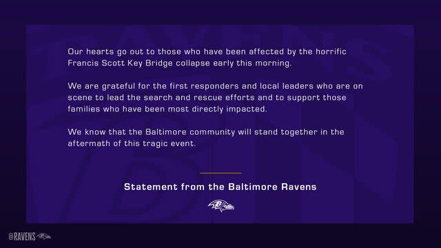 <p>Baltimore Ravens/X</p> Baltimore Ravens statement on Francis Scott Key Bridge collapse