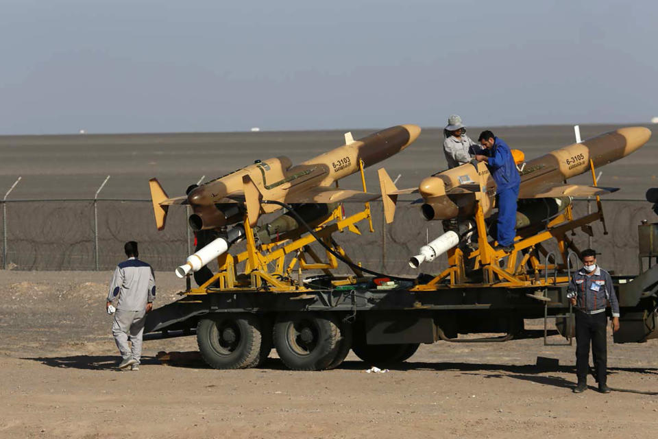 In this picture released by the official website of the Iranian Army, Air Force personnel work on air defense missiles during an exercise, in Iran, Thursday, Oct. 21, 2021. Iran on Thursday kicked off an annual air force drill across the country, a week after holding another massive exercise in air defense, state TV reported. (Iranian Army via AP)