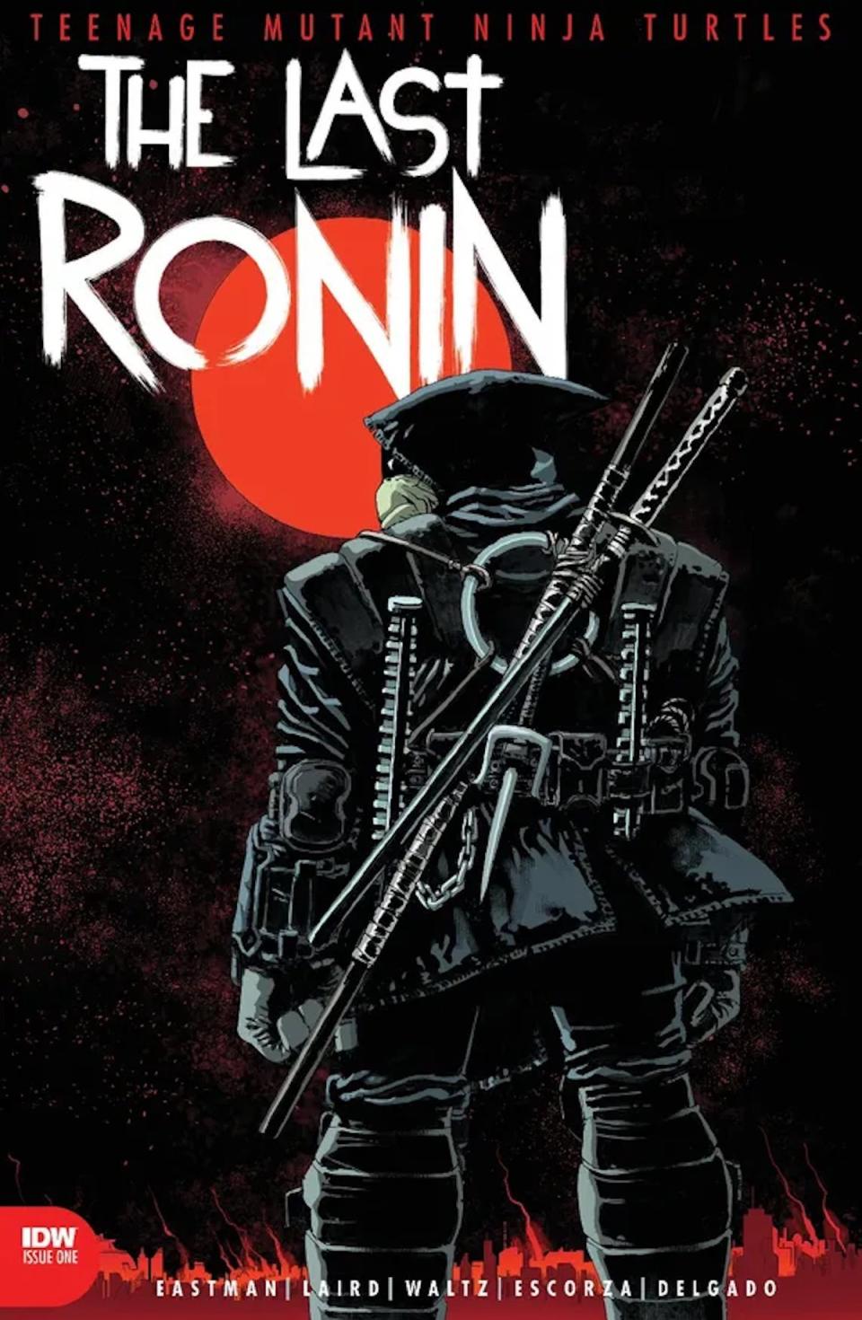 The cover of TMNT: The Last Ronin from IDW Publishing, fetauring an unseen Ninja Turtle with many weapons on their back against a black background with a red sun