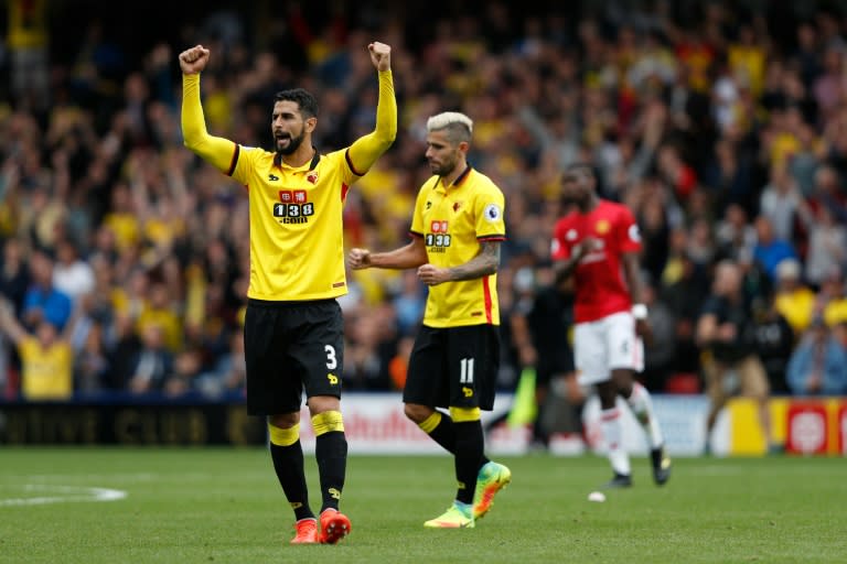 Watford's Miguel Britos (left) celebrates the 3-1 victory over Manchester United