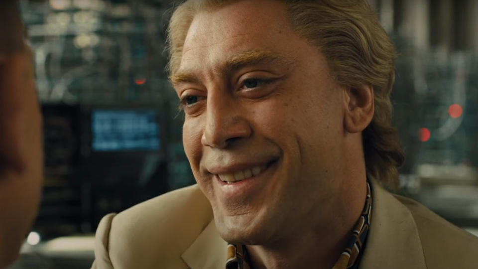 Javier Bardem smiles during an interrogation in Skyfall.