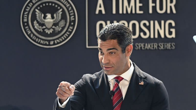 Miami Mayor Francis Suarez speaks at the “Time for Choosing” series at the Ronald Reagan Presidential Library Thursday, June 15, 2023, in Simi Valley, Calif. Suarez announced that he will be joining the 2024 presidential race.